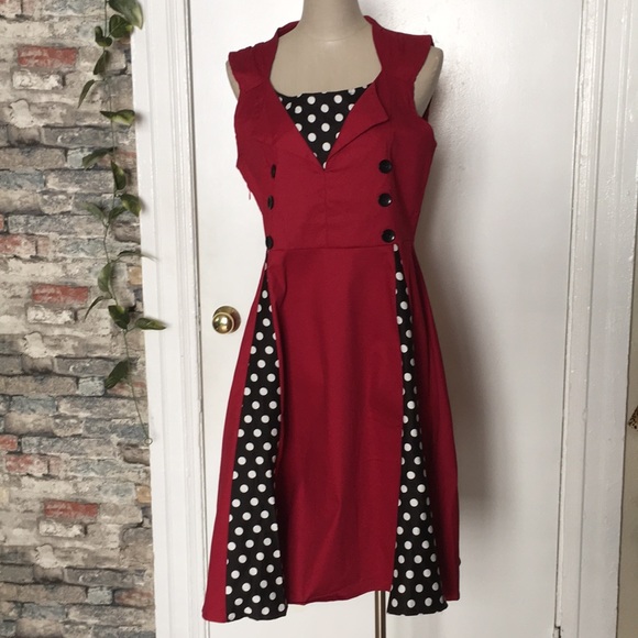 HALLOWEEN COSTUME! iHot Red & Black Polka Dot Button Accent Fit & Flare Dress - Picture 4 of 12